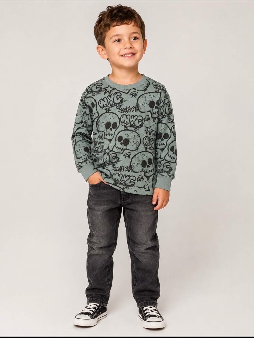 Boys 5T Sage Green Skull Graffiti Long Sleeve Shirt